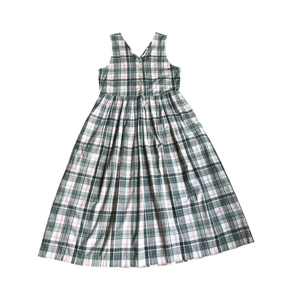 Edie Bauer Tartan Plaid 100% Cotton Maxi Dress Green Pink S Tradwife‎ Modest